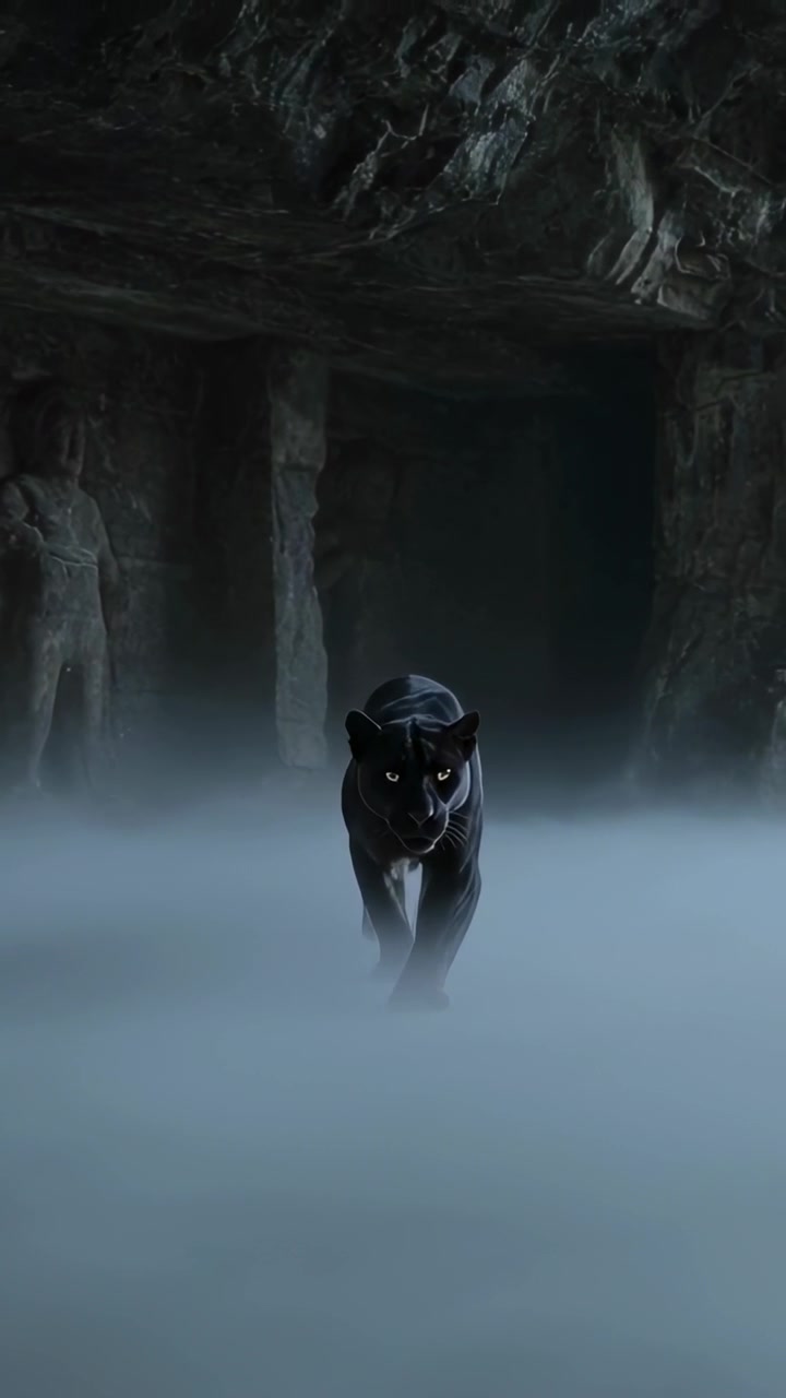 Vertical video: Emerging black panther walking toward camera from cave mouth, disturbing low fog