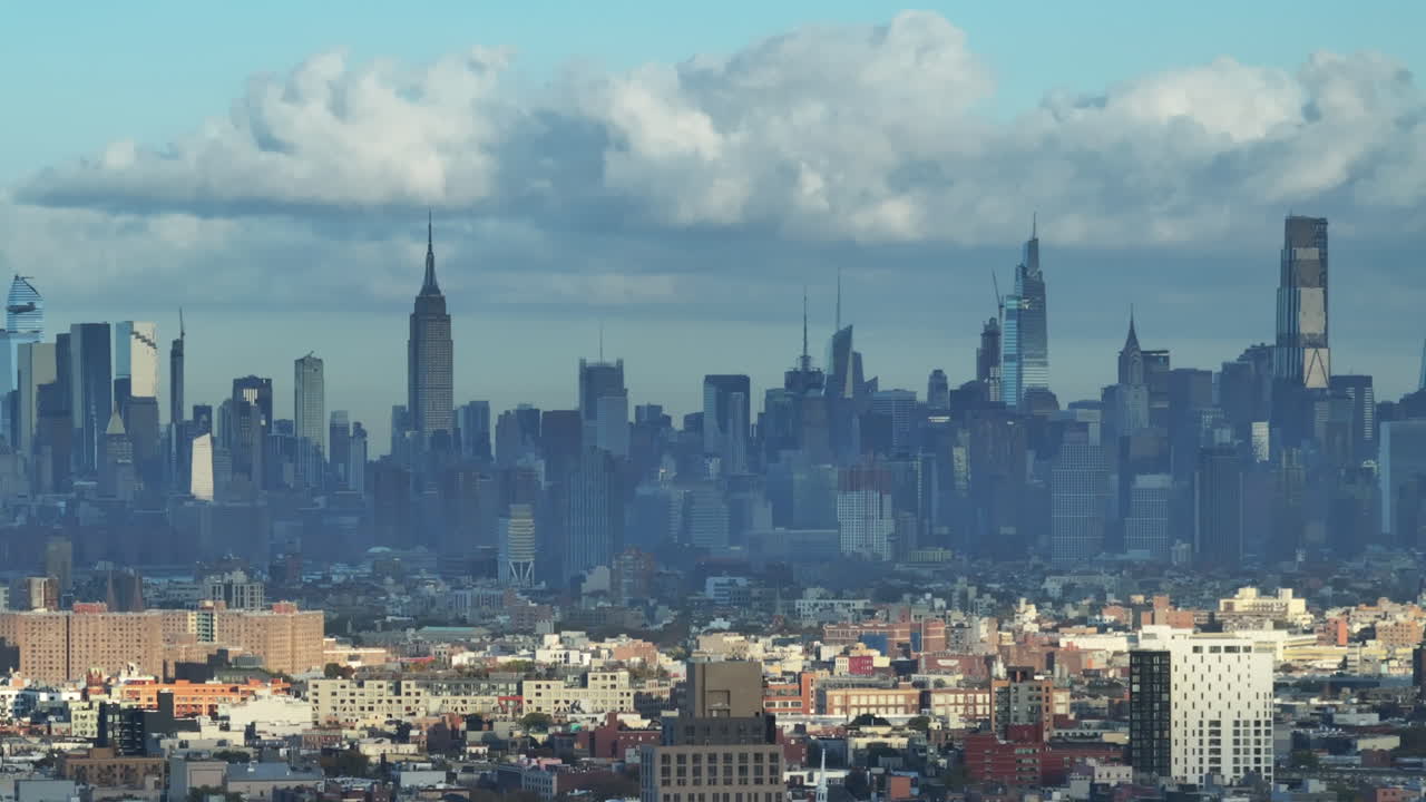 Aerial view of the New York City skyline at sunrise