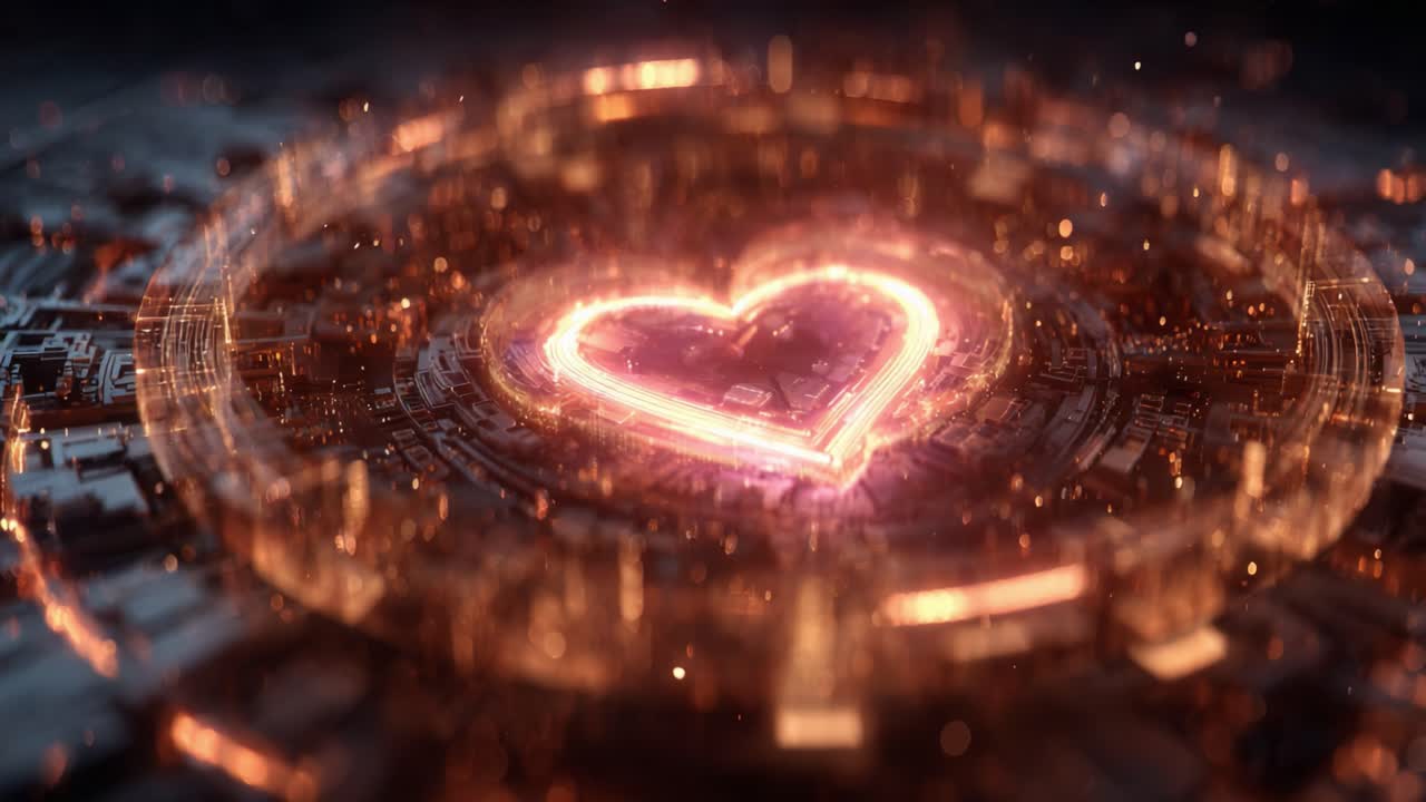 A mesmerizing pulsating heart shape radiates vibrant energy amidst a digital circuit-like background, symbolizing the intertwining of love and technology in a captivating visual display