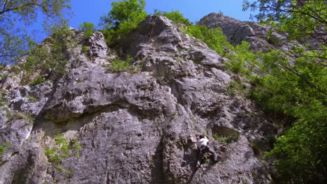 a man climbing the walls of the narrow ravine in romania known as turda gorge or cheile turzii