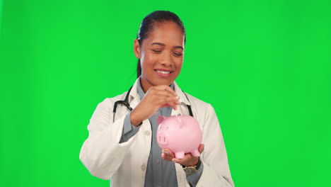 Piggy-bank,-cash-and-doctor-on-green-screen