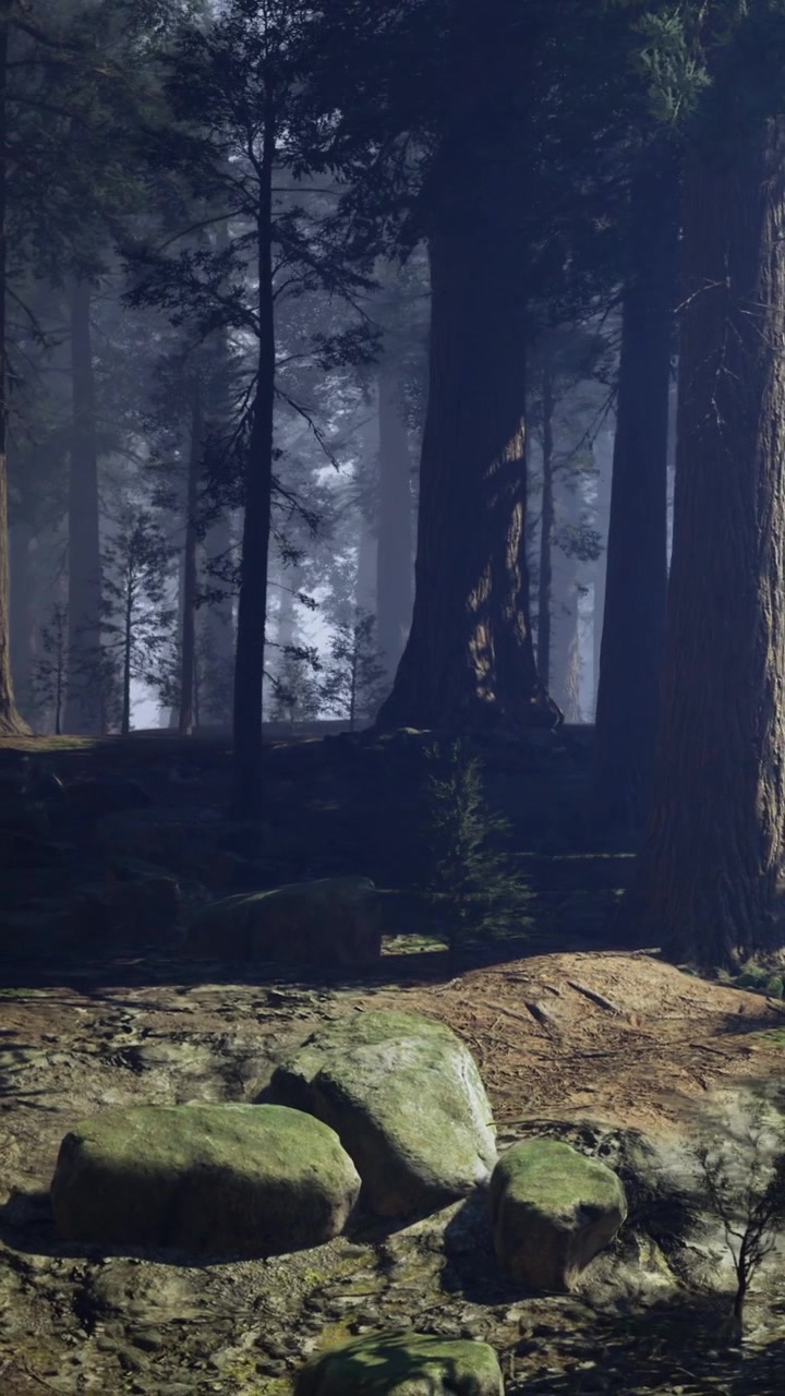 Scena di foresta nebbiosa con alberi imponenti e terreno roccioso all'alba nella natura