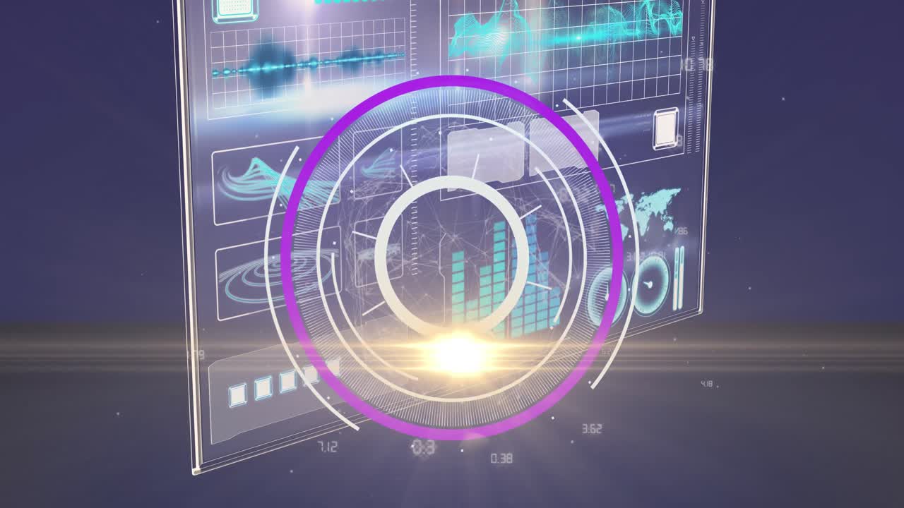 과학적 그래프와 데이터에 프로세싱 서클을 이동하는 빛의 애니메이션