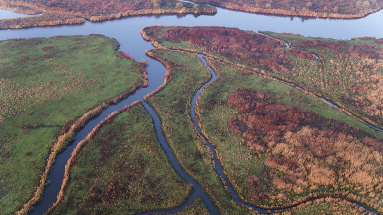 Luftfoto fra drone av flere vannveier som forgrener seg fra et elvedelta i Nederland, omgitt av et fargerikt landskap