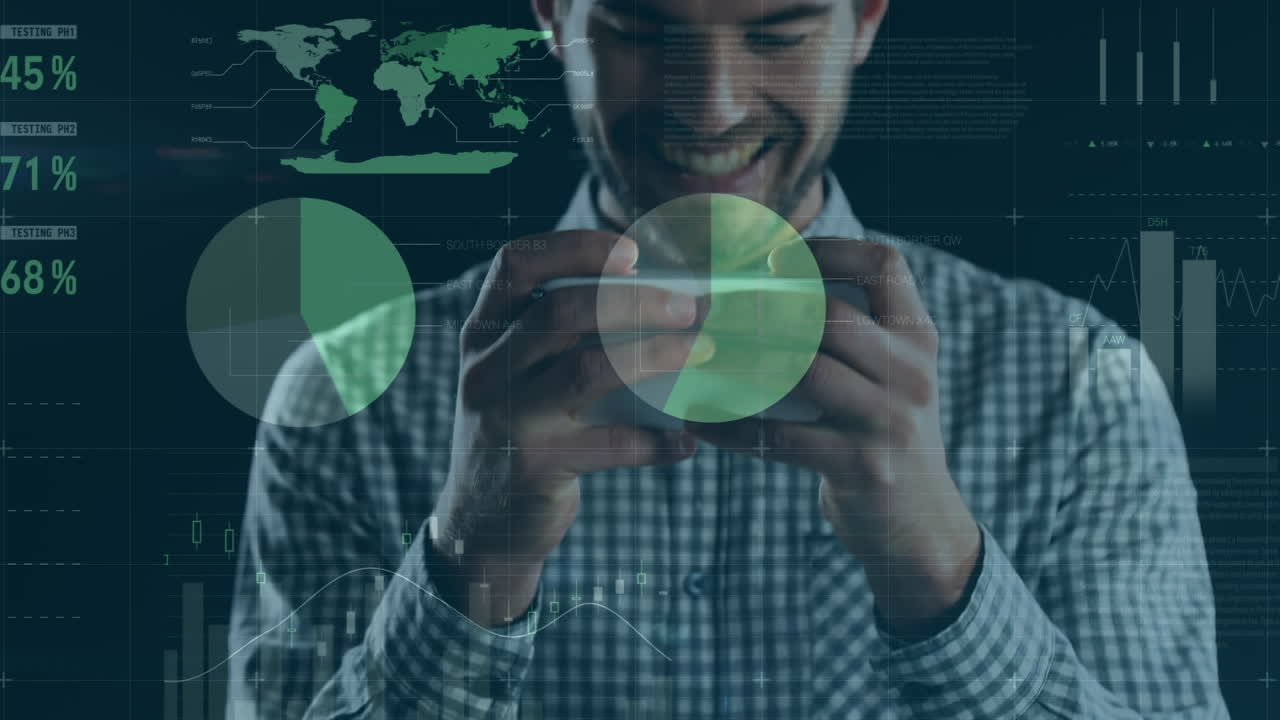 animación de estadísticas y procesamiento de datos financieros sobre el hombre utilizando teléfonos inteligentes