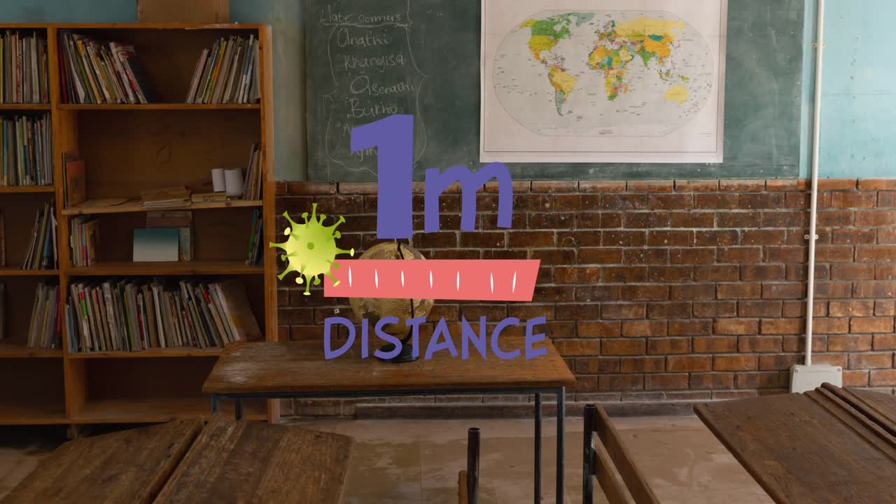 코로나바이러스가 학교 교실 위를  ⁇ 는 텍스트의 애니메이션 1m 거리