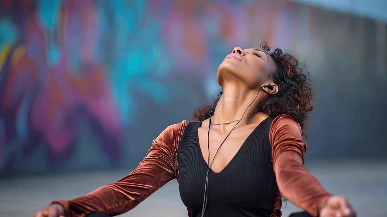 Mulher relaxa com os olhos fechados, fones de ouvido, mãos abertas. Ela inclina a cabeça para trás, respirando profundamente, calma e serena. Parede de grafite atrás dela, urbana, colorida, borrada. Perfeito para bem-estar, meditação.