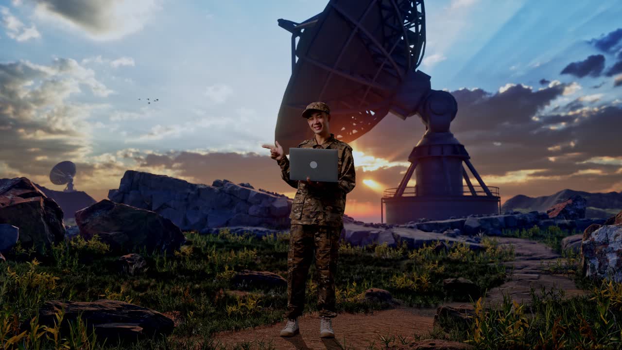 Full Body Of Asian Man Soldier Using A Laptop And Pointing To Side While Standing With Satellite Dish