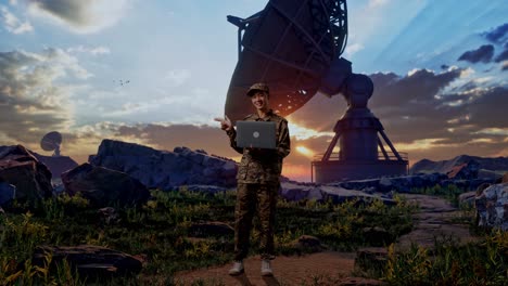 full body of asian man soldier using a laptop and pointing to side while standing with satellite dish