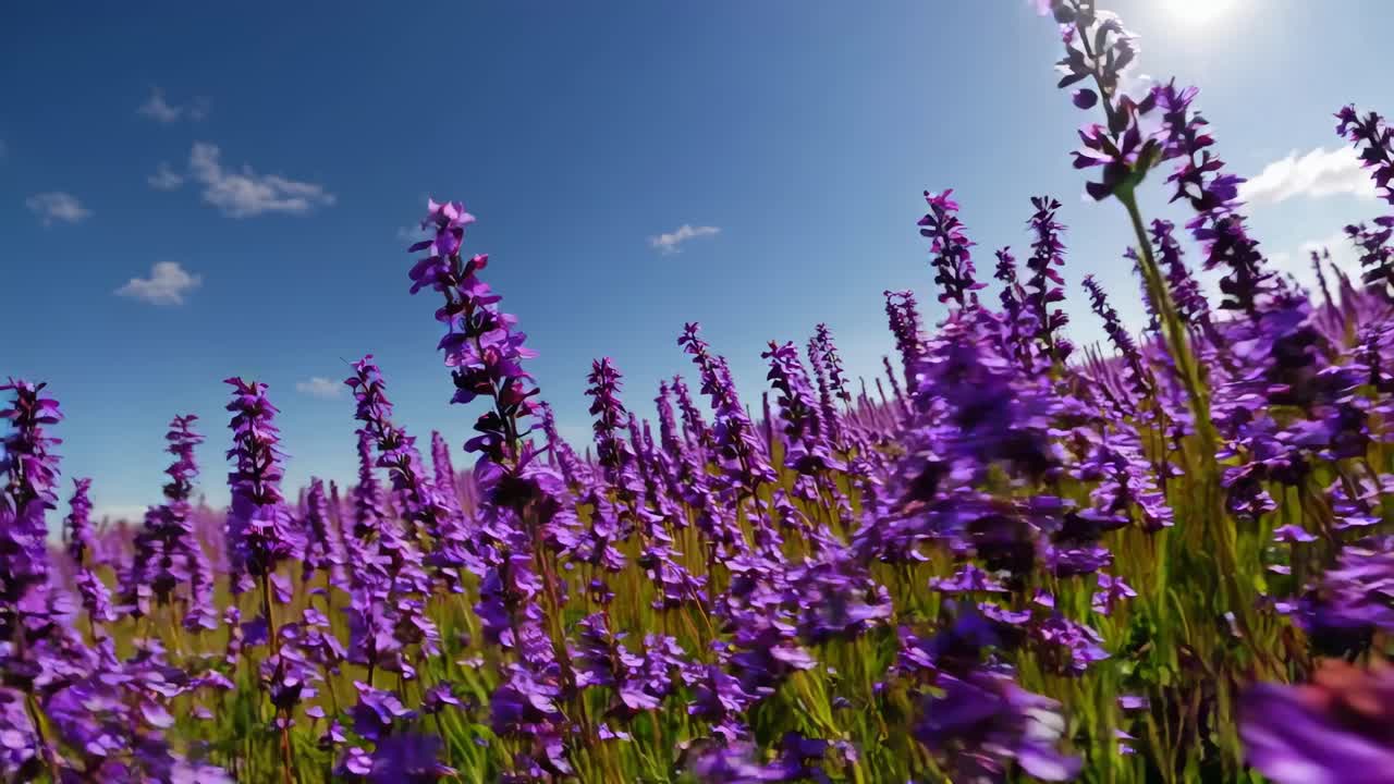 Video dal basso di un campo di fiori viola intenso sotto un cielo azzurro, che cattura la bellezza