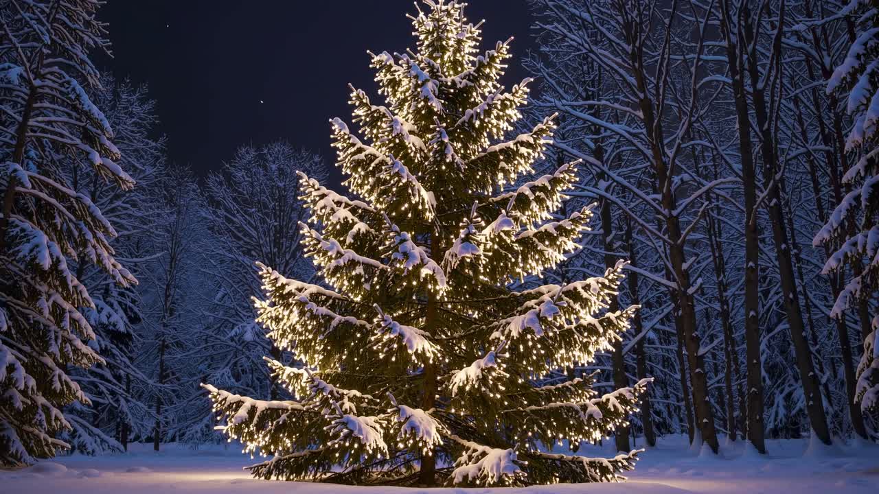 A snow-covered Christmas tree adorned with lights, captured at eye level