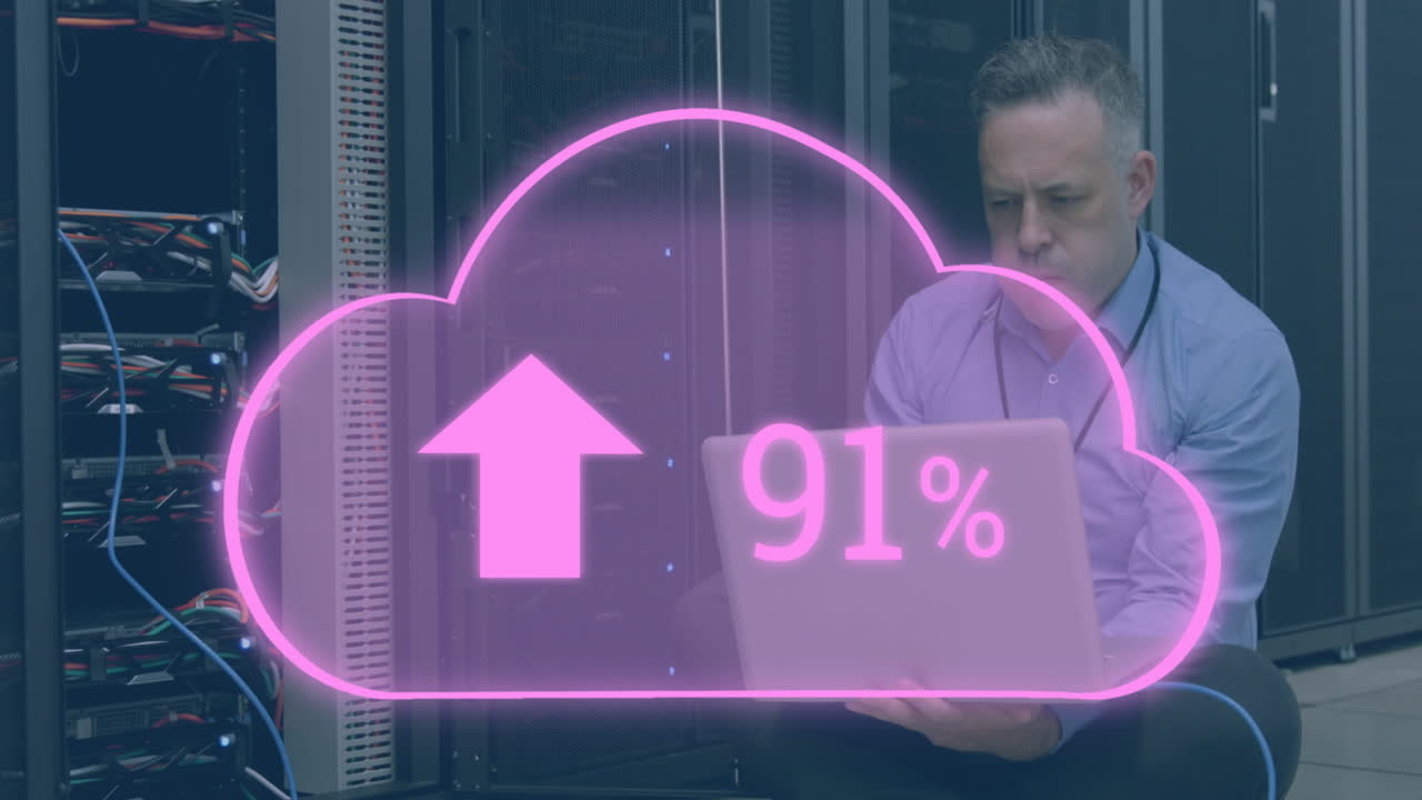 서버 에서 백인 남성의 증가하는 숫자와 함께 구름 아이콘의 애니메이션