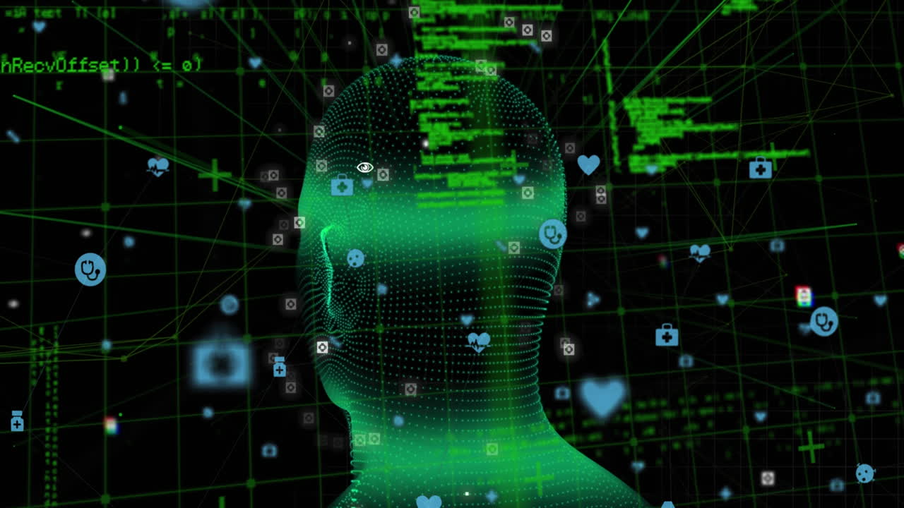 animación de rostro humano iluminado, iconos conectados y lenguaje de programación sobre patrón de cuadrícula.