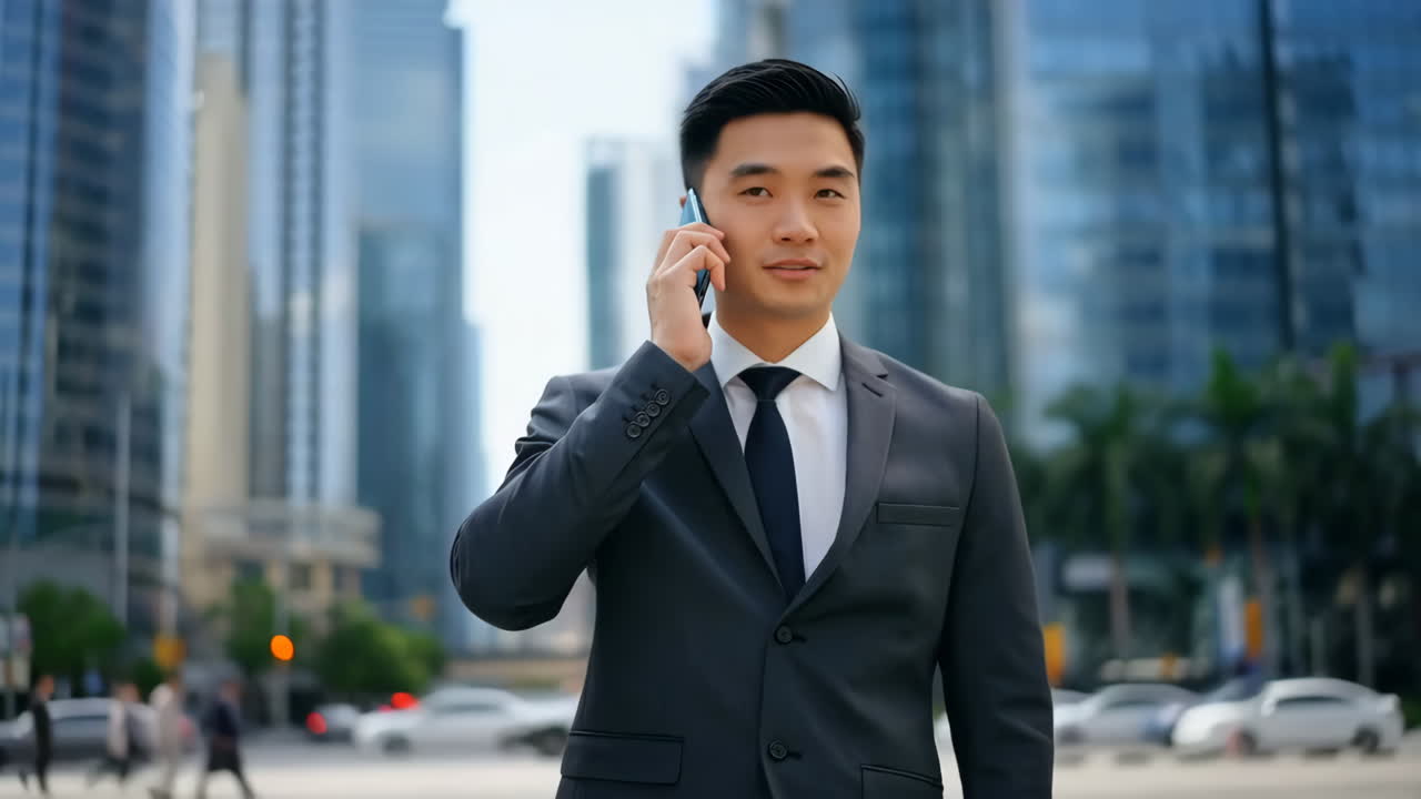 街中で電話をする若いビジネスマン