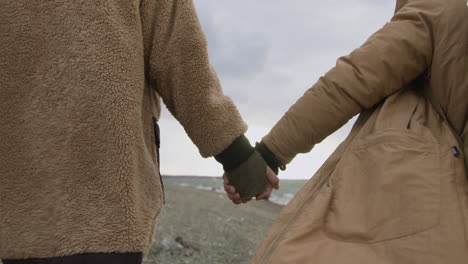 rear view of two teenage holding hands in winter clothes walking on seashore