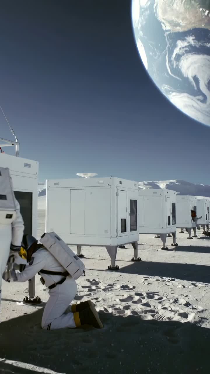 Vertical video: Reaching suited astronaut kneeling crew fixing plug on moonbase, copy space