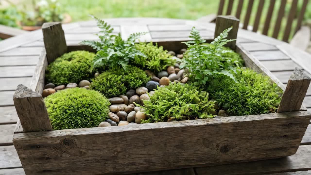 Rustic Wooden Planter Box with Moss and Ferns