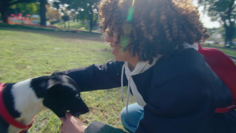 happy woman playing tug-of-war with dog in the park