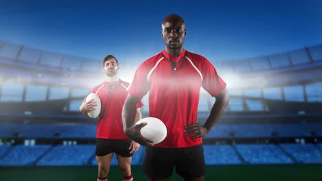 professionele rugbyspelers die voor een stadion staan