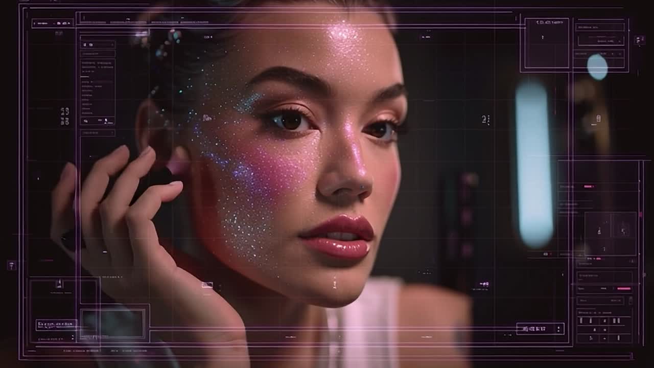 Young woman applying shimmering makeup in a modern setting