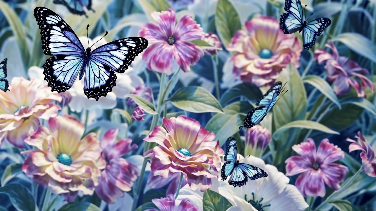 Bellissime farfalle blu che svolazzano in un vibrante giardino fiorito