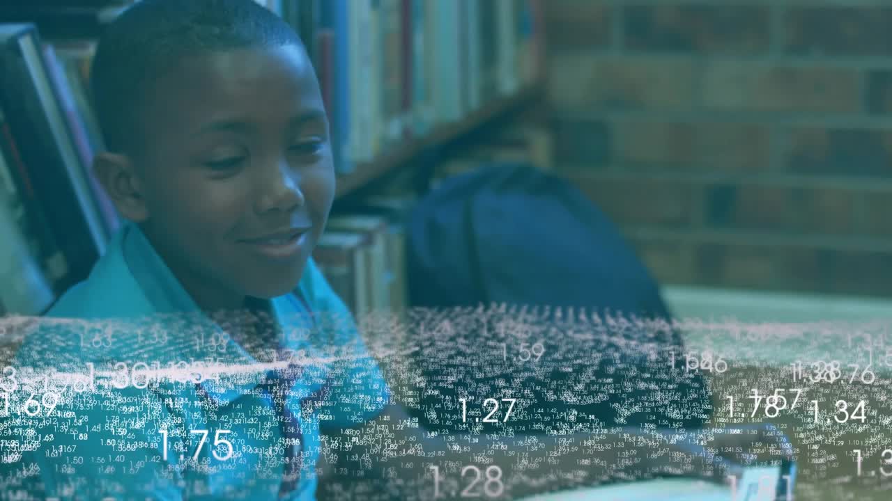 Schoolboy turning atlas pages in library studying map for education as digital data animating