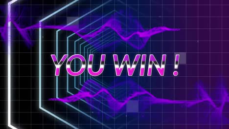 animación de ondas digitales púrpuras sobre usted ganar banner de texto contra formas hexagonales concéntricas.
