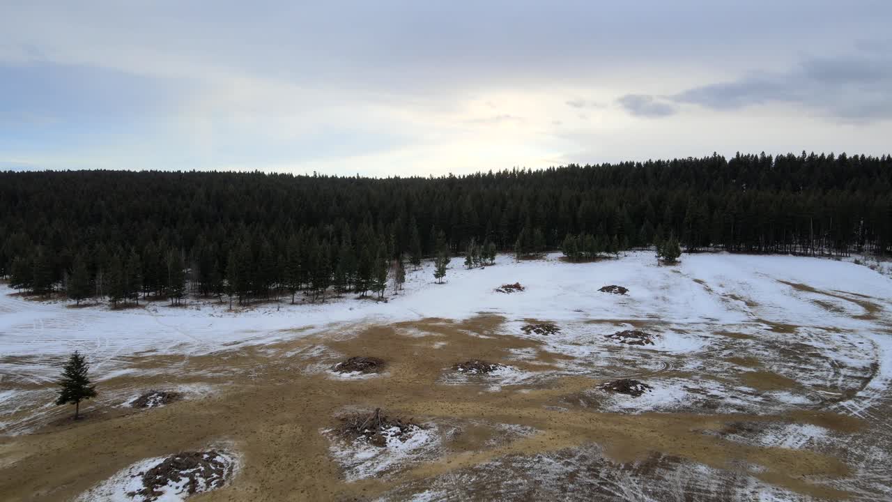 The Cariboo Region's Winter Fires: Aerial Pan Shot of Burn Piles on a Meadow in British Columbia, Canada