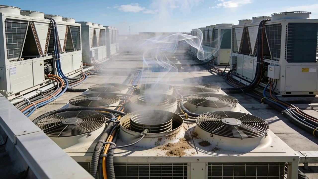 Compressors cycling causing rooftop condensers with axial fans emitting vapor downwind for cooling