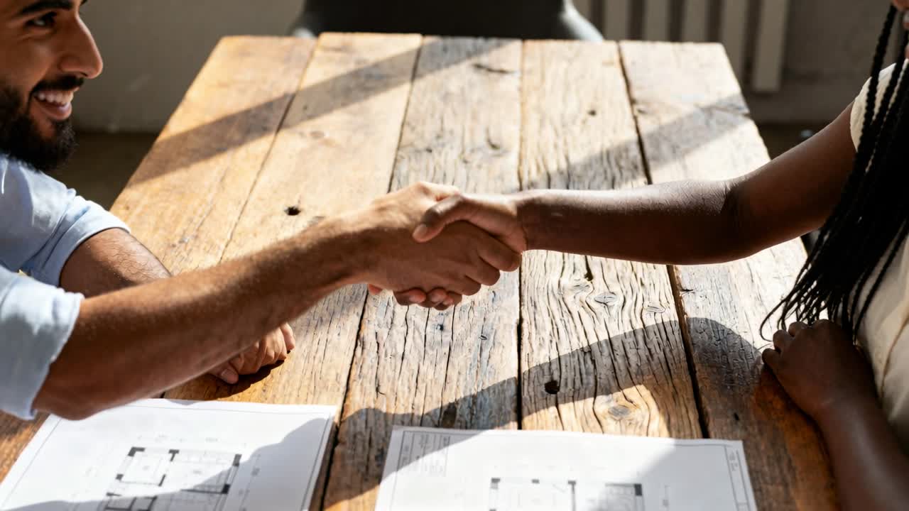 After plan review shaking hands pair in business attire sealing deal at wooden table with plans