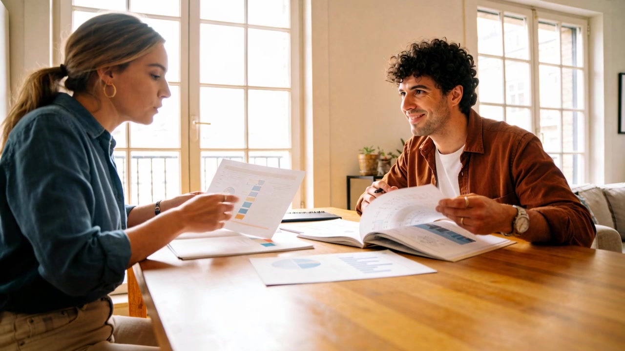 Pointing woman in denim shirt presenting charts at home table, man flipping report, collaborating