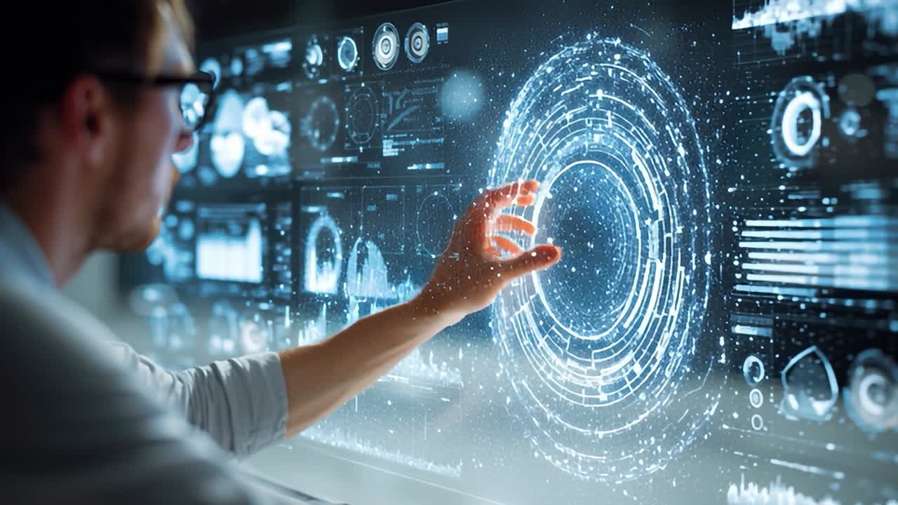 Interactive display of technology in a futuristic workspace