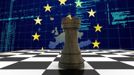 Animation-of-rook-on-chess-board,-european-union-flag,-computer-language,-map-over-blue-background
