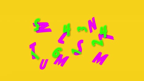 digital animation of changing numbers and alphabets floating against yellow background