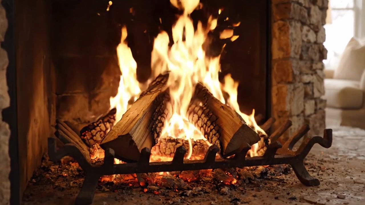En hyggelig pejs med knitrende ild og varm atmosfære, perfekt til afslapning og hygge i et smukt designet opholdsrum