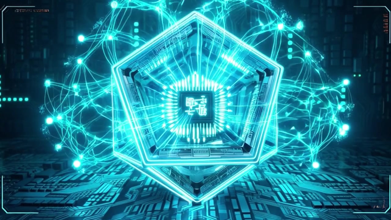 Futuristic Digital Processor Chip Inside Glowing Geometric Structure
