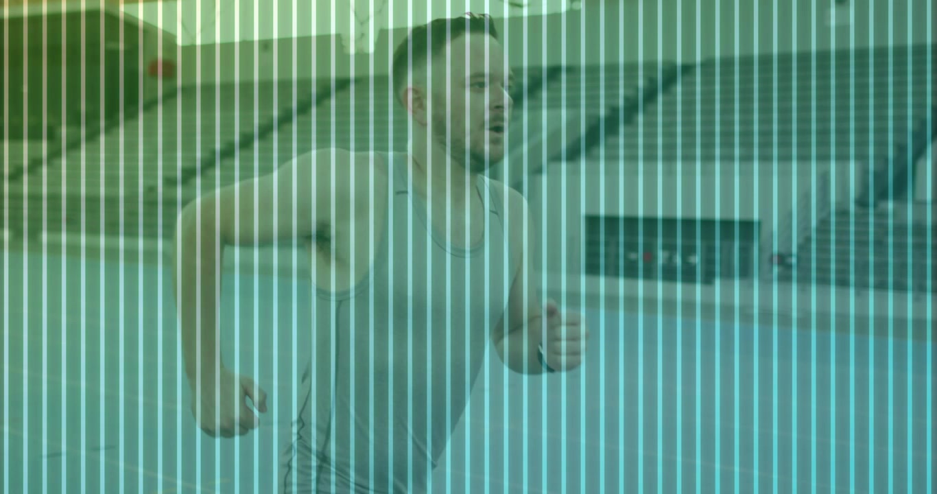 Runner entering and jogging across court with animated speed lines monitoring fitness pace