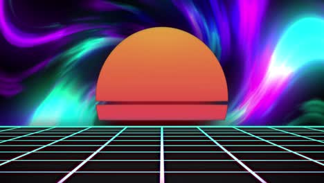 Animation-of-orange-neon-sun-setting-over-grid-and-glowing-background