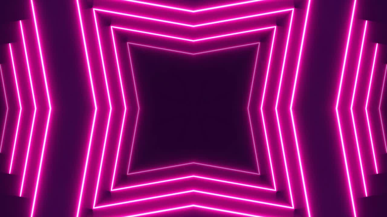 Cornice neon luminosa Sci-Fi anni '80 in stile astratto su sfondo nero. Animazione in loop di laser show. Video 4K.