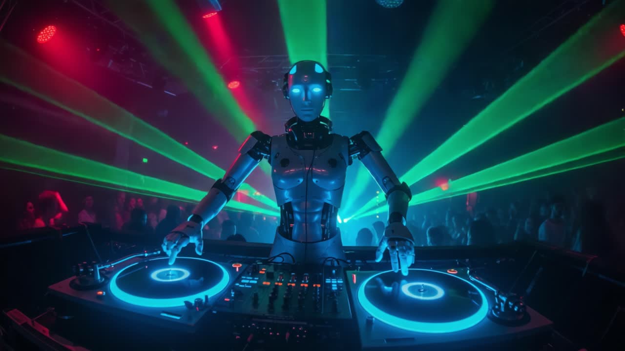 Futuristic DJ Robot Ignites the Dance Floor with Pulsating Beats and Mesmerizing Laser Lights in a Dynamic Nightclub Atmosphere