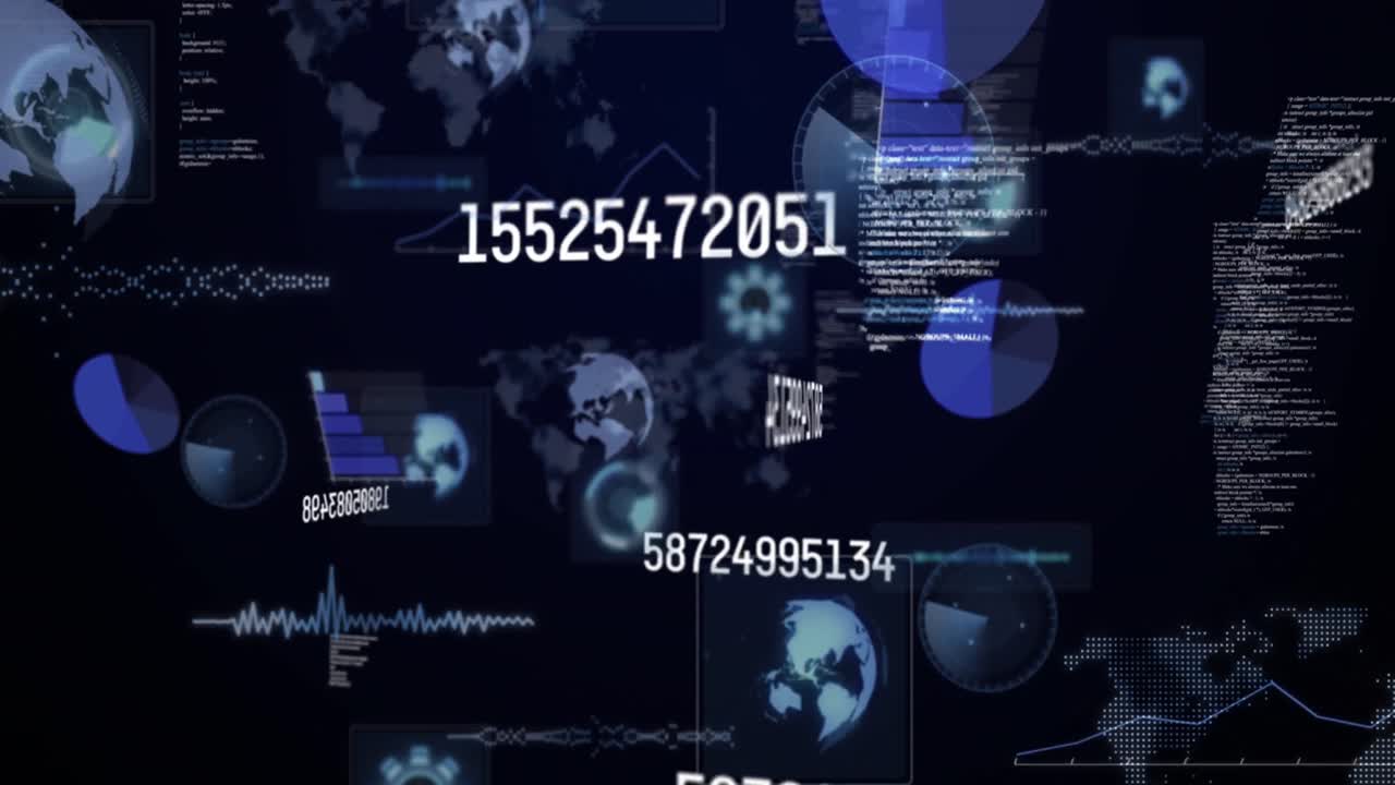 Animazione di numeri che cambiano ed elaborazione dati su schermi sopra una mappa del mondo.