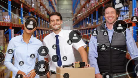 animation of network of connections over smiling men and woman working in warehouse