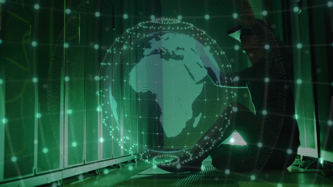 animación del globo ai procesamiento de datos sobre hombre asiático usando auriculares vr