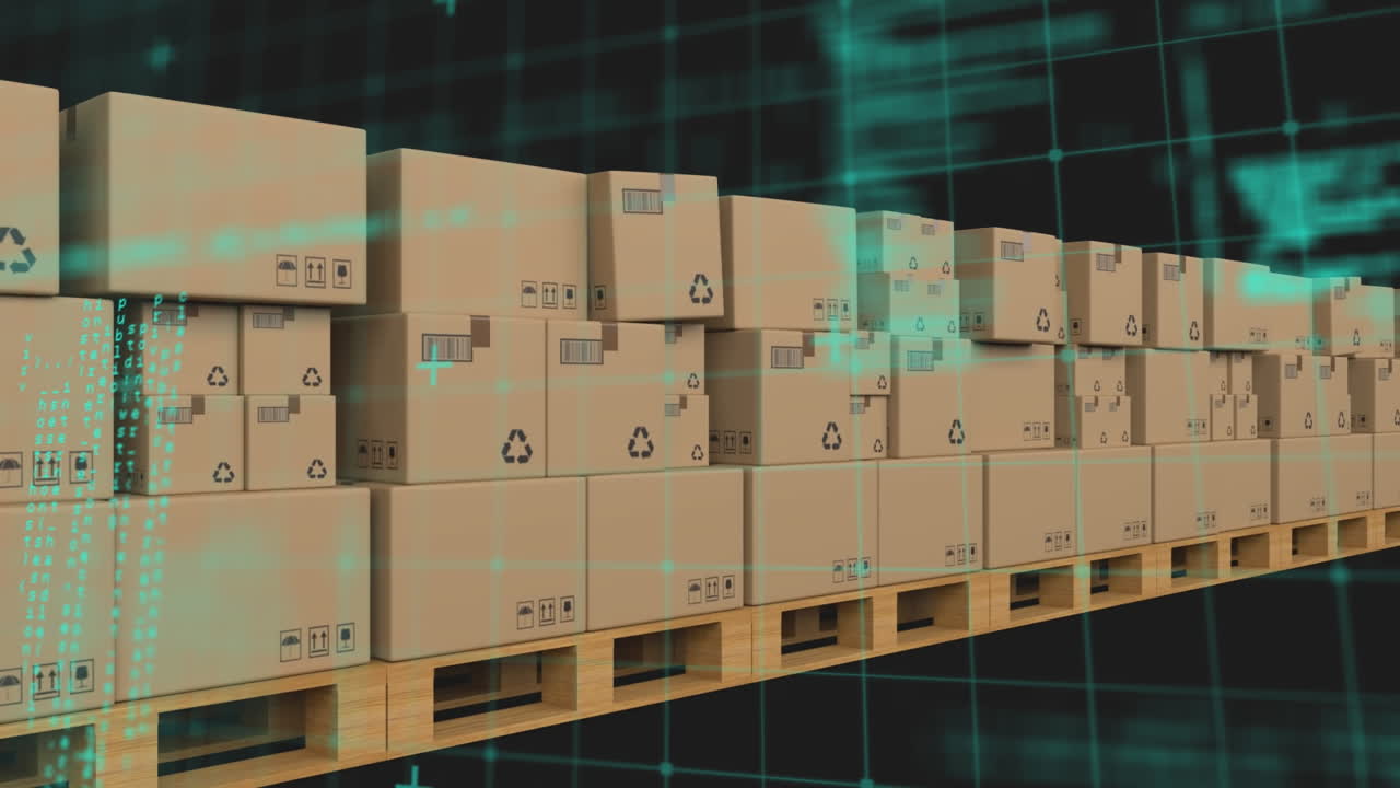 컨베이어 벨트에 있는 여러 배달 상자에 대한 그리드 네트워크를 통한 데이터 처리