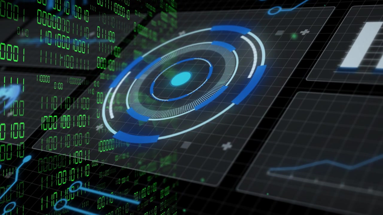 Tiles appearing, circular HUD lighting, sweeping clockwise, pulsing rings, visualizing data flow