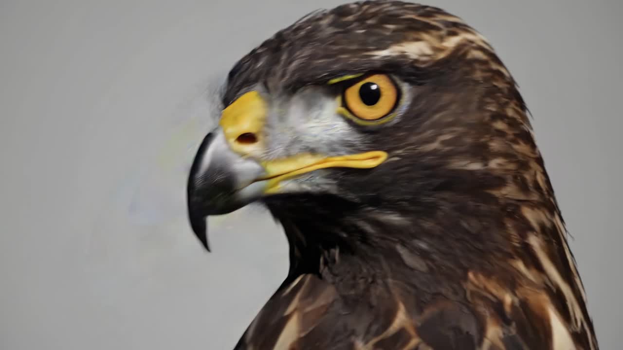 Close-up video of a hawk's head, showcasing its sharp beak and piercing eyes