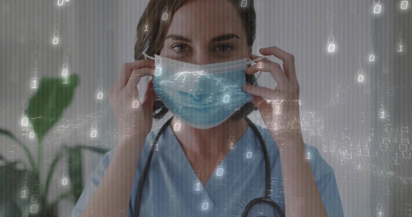 Operatore sanitario che dispiega una maschera per sicurezza e aggancia gli elastici alle orecchie con una sovrapposizione binaria tremolante.