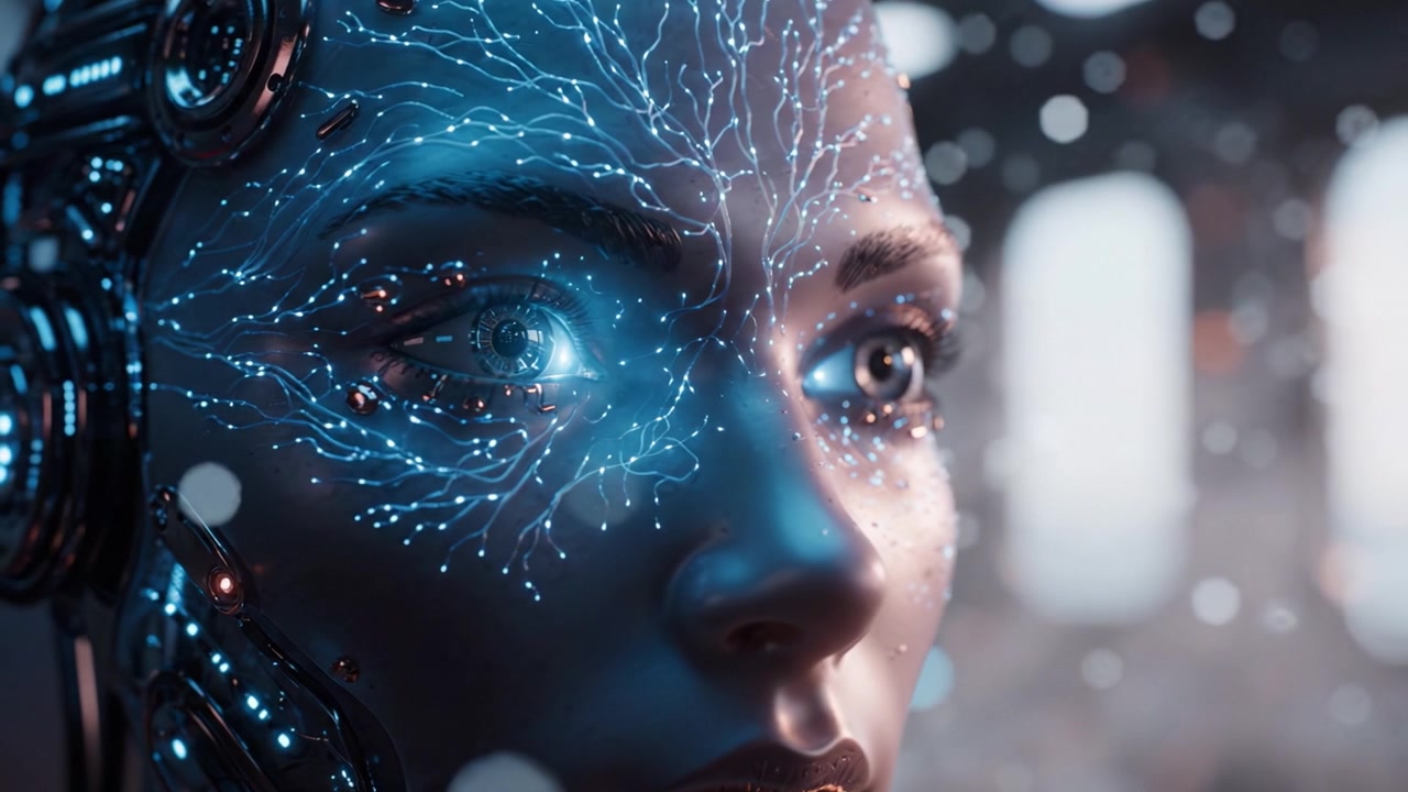 A close-up view of an advanced humanoid robot's face, showcasing intricate electronic circuitry patterns and a lifelike expression, amidst a blurred futuristic setting.