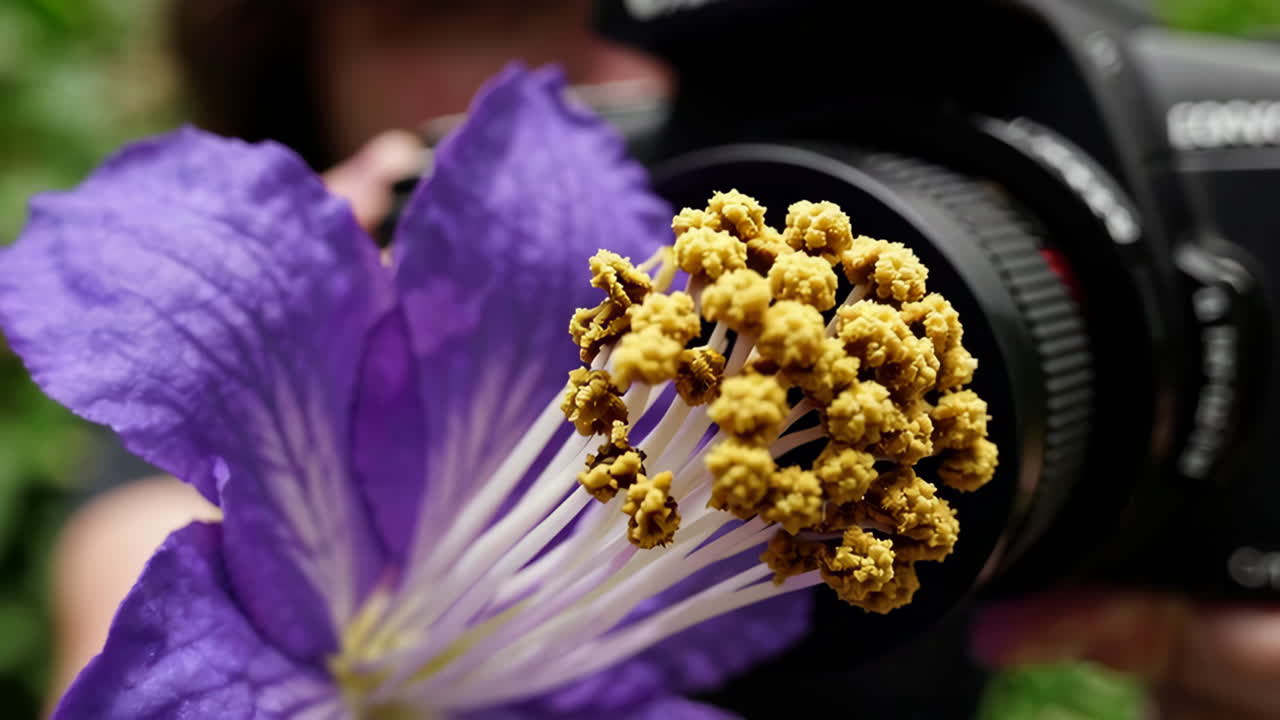 Close-up of a Purple Flower with Camera
