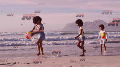 animación de saludos de navidad texto sobre mujer biracial con hijo e hija en la playa.